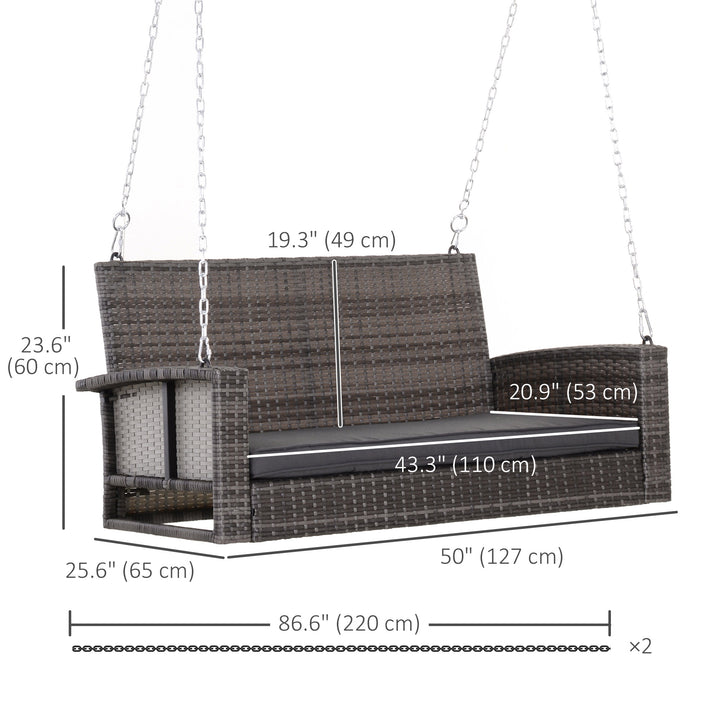 Outsunny 2-Person Patio Porch Swing Chair, Outdoor Rattan Hanging Bench with Cushion & 7.2 ft Steel Chains, Grey