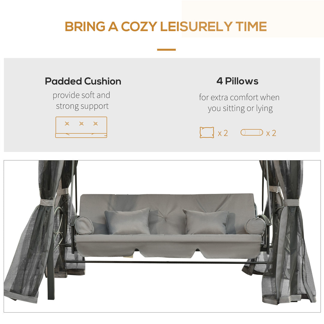 Outsunny 3 Person Outdoor Patio Daybed, 3 in 1 Canopy Gazebo Swing Chair Garden Hammock with Sun Shade, Mesh Mosquito and Net, Dark Grey