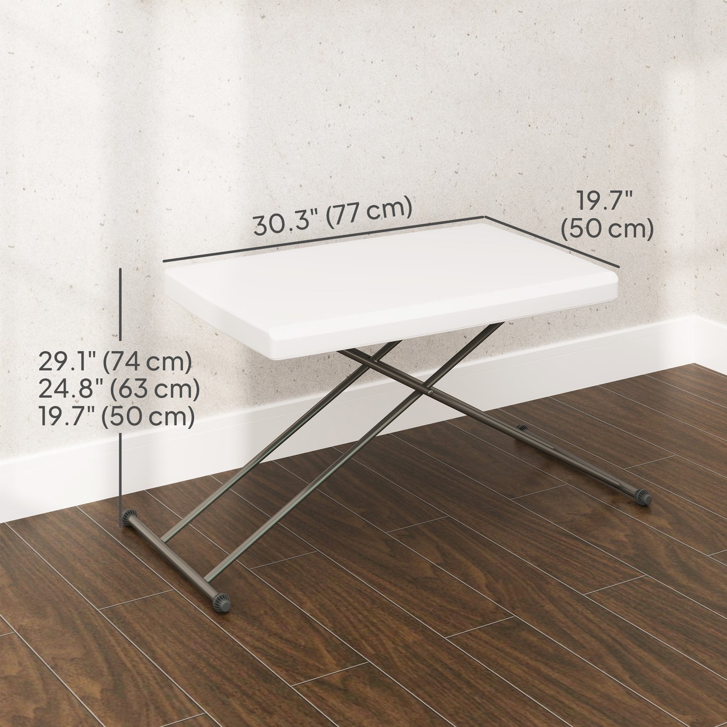 Outsunny Folding Outdoor Patio Table, 3-Level Adjustable Camping Table Picnic Table with HDPE Top, Steel Legs, White
