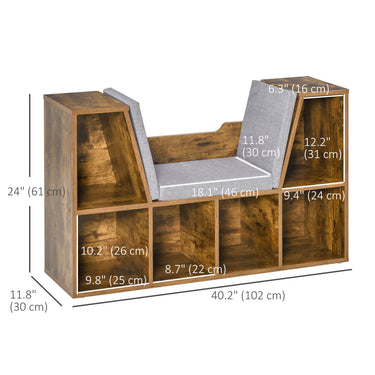 HOMCOM 6-Cubby Bookcase with Seat Cushion, Cube Storage Shelf with Reading Nook for Home Office, Study, Rustic Brown