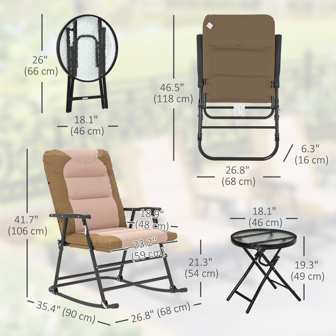 Outsunny 3pc Patio Foldable Rocking Chair Set, Outdoor Rocking Chairs and Table Bistro Set w/ Padded Seat, Headrest, Backrest for park, backyard, garden, Red