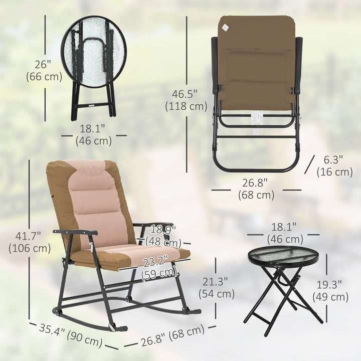 Outsunny 3pc Patio Foldable Rocking Chair Set, Outdoor Rocking Chairs and Table Bistro Set w/ Padded Seat, Headrest, Backrest for park, backyard, garden, Red