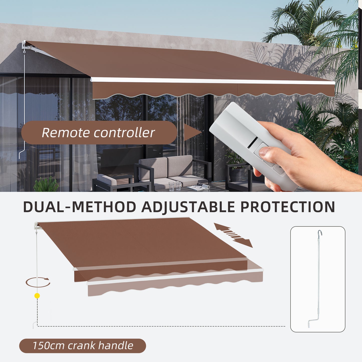 Outsunny 13' x 10' Electric Awning, Retractable Awning Sun Shade Shelter with Remote Controller, Manual Crank Handle and Aluminum Frame, for Deck, Balcony, Yard, Coffee