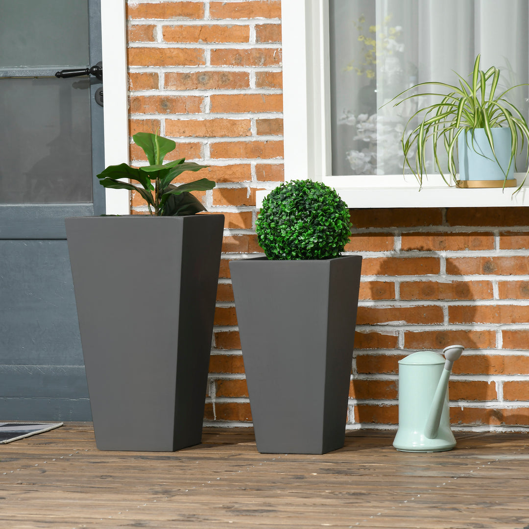 Outsunny Set of 2 Tall Planters with Drainage Holes, 22" / 18" Outdoor Flower Pots for Patio, Yard, Garden, Grey
