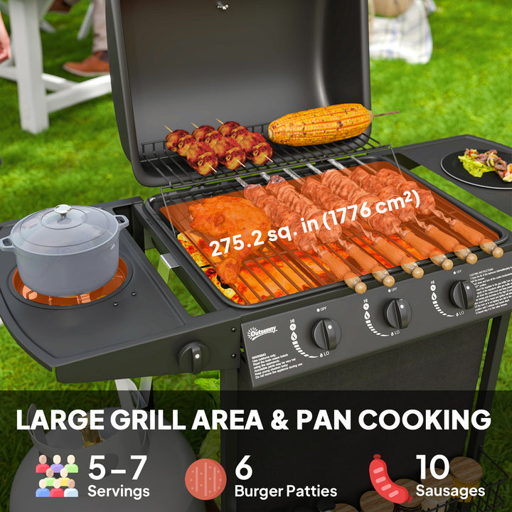 Outsunny 3+1 Burner Propane Gas BBQ Grill, Portable Gas Barbecue Grill with Side Burner, Thermometer, Lid, Side Table, Shelf, Spice Rack, Wheels, Grease Cup for Garden, Black