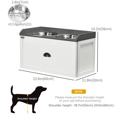 PawHut Elevated Dog Bowls Raised Pet Feeding Station with Storage 2 Stainless Steel Bowls, 23.6"x11.8" x14.2", White