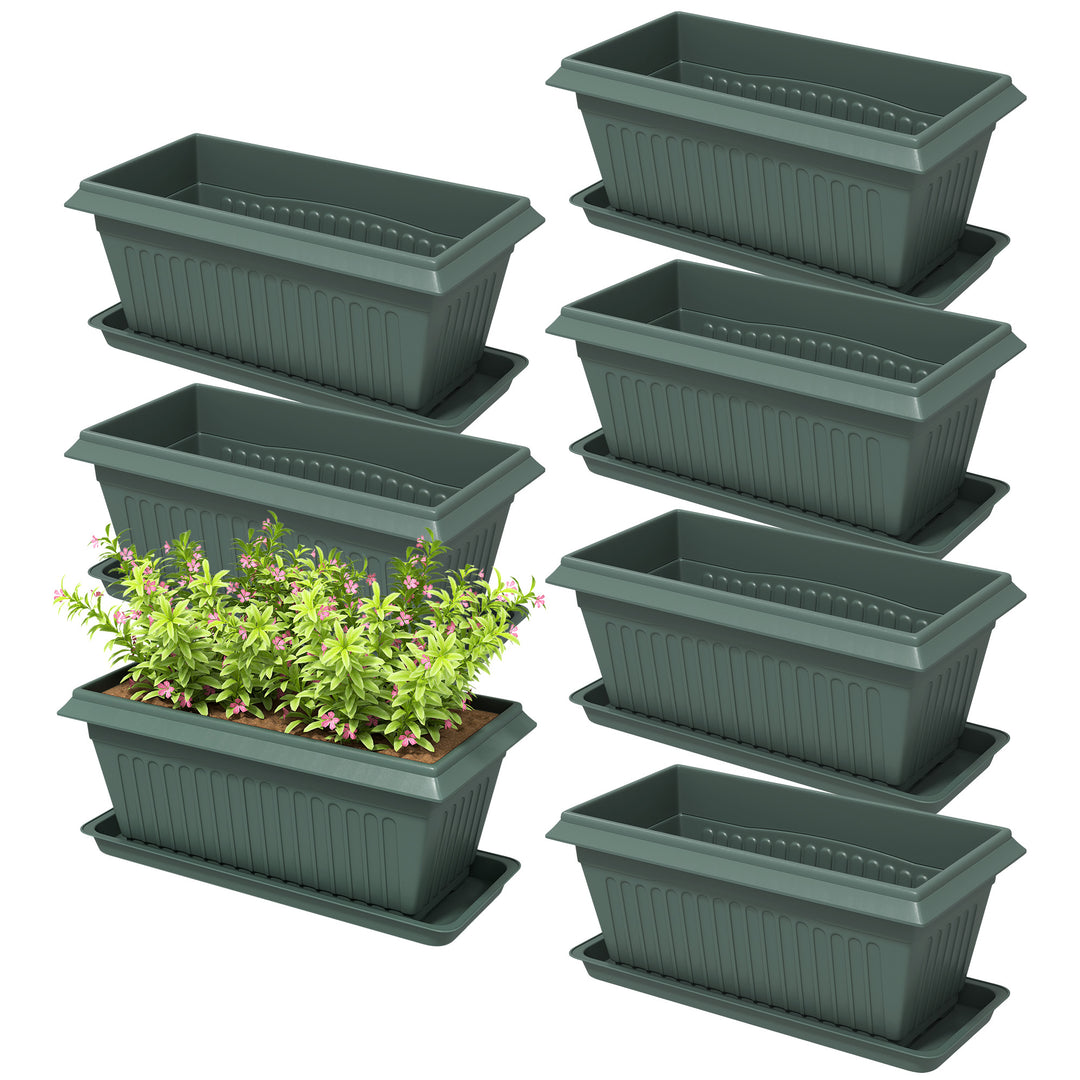 Outsunny 7 Pack 15.7" Plastic Flower Planters with Drainage Holes and Trays, Plant Pots for Indoor Outdoor Plants, Green