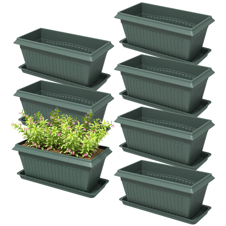 Outsunny 7 Pack 15.7" Plastic Flower Planters with Drainage Holes and Trays, Plant Pots for Indoor Outdoor Plants, Green