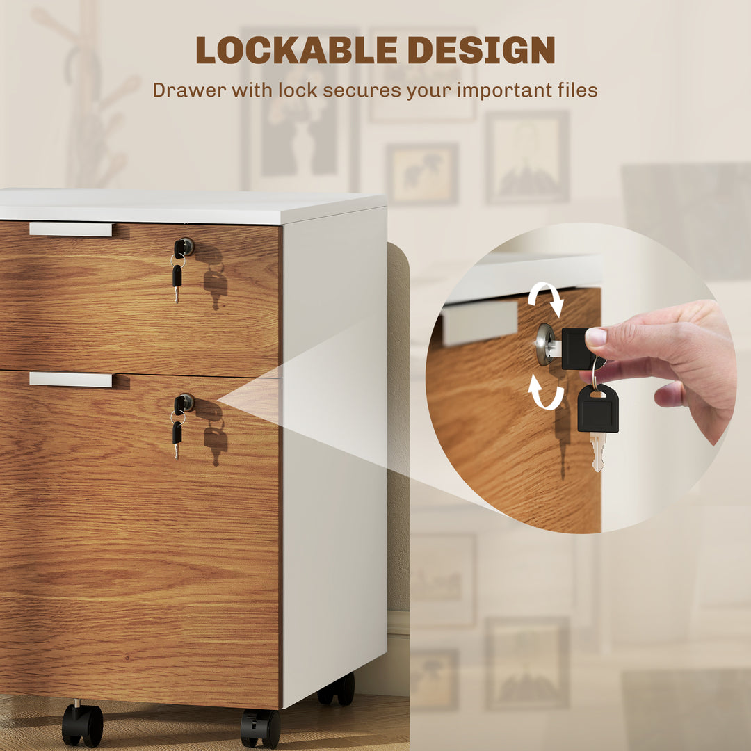 HOMCOM 2 Drawer Small Filing Cabinet Lockable Office Storage Cabinet with Hanging Bars for A4 Legal Letter White Nature Wood
