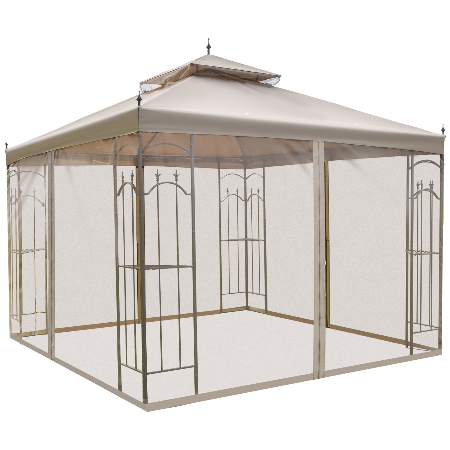 Outsunny 10' x 10' Steel Outdoor Patio Gazebo Canopy with Removable Mesh Curtains, Display Shelves, & Steel Frame, Grey