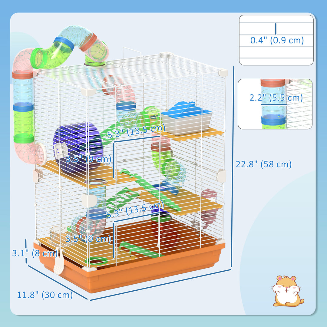 PawHut 5 Tiers Hamster Cage Portable with Exercise Wheels Play Tube Water Bottle Dishes House Ladder for Gerbils, Light Blue