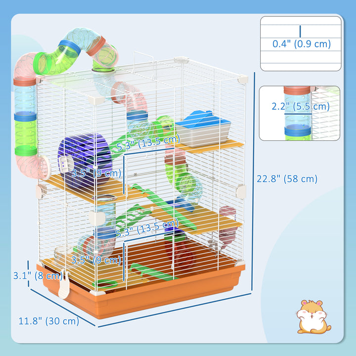 PawHut 5 Tiers Hamster Cage Portable with Exercise Wheels Play Tube Water Bottle Dishes House Ladder for Gerbils, Light Blue