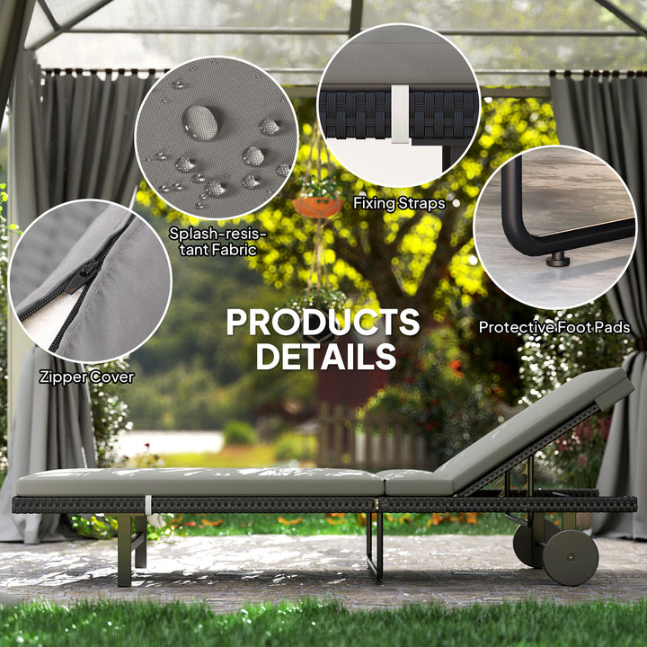 Outsunny PE Rattan Tanning Chair, Outdoor Patio Lounger with 5-Level Adjustable Back, Wheels and Cushion, Grey