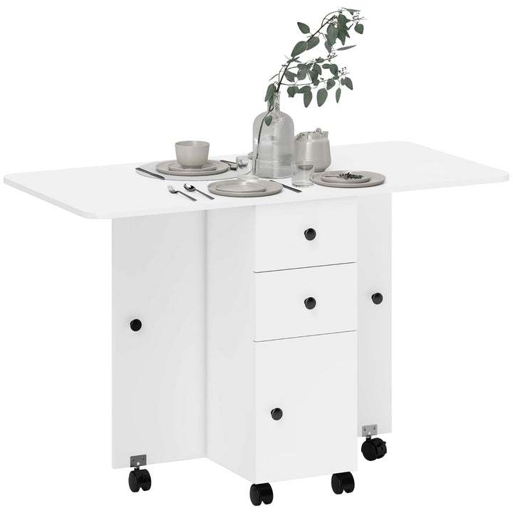HOMCOM Foldable Dining Table, Rolling Kitchen Table with Storage Drawers and Cabinet, Drop Leaf Table on Wheels, White