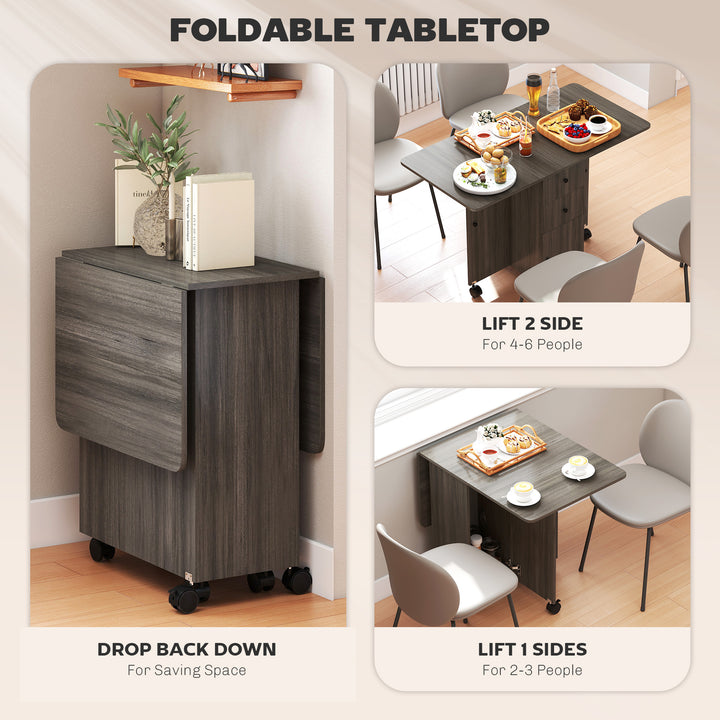HOMCOM Foldable Dining Table, Rolling Kitchen Table with Storage Drawers and Cabinet, Drop Leaf Table on Wheels, Grey