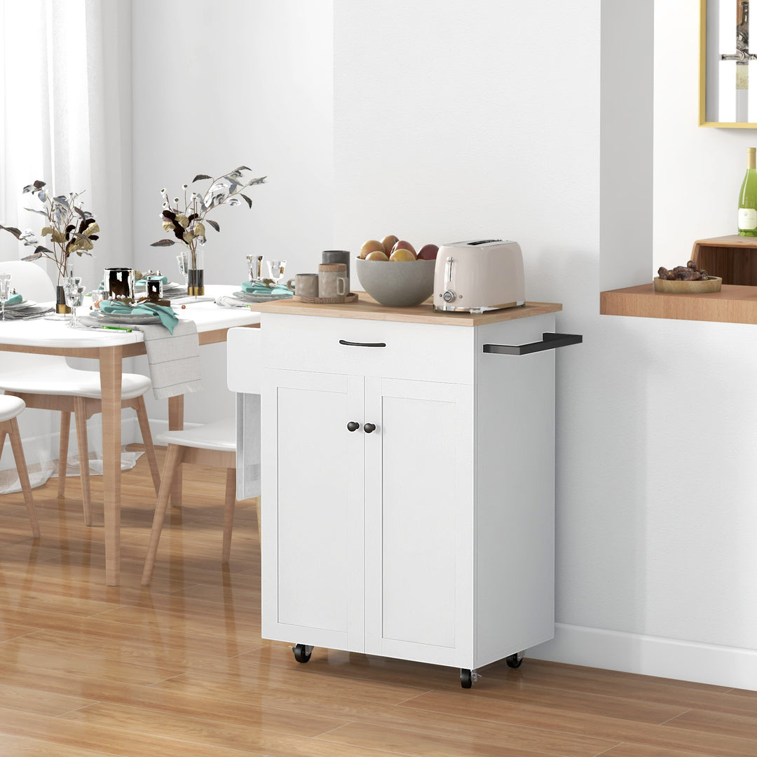 HOMCOM Modern Rolling Kitchen Island Cart with Drawer, Natural Wood Top, Towel Rack, Door Storage Cabinet, Distressed Black