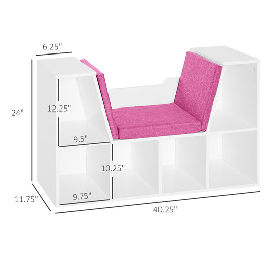 HOMCOM 6-Cubby Bookcase with Seat Cushion, Cube Storage Shelf with Reading Nook for Home Office, Study, Pink