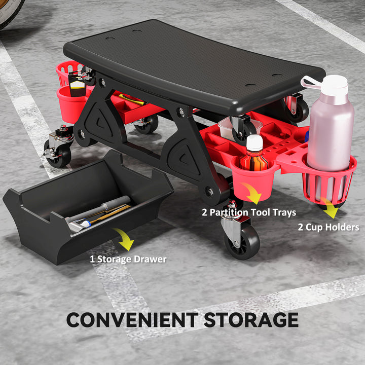 HOMCOM Rolling Garage Stool with Wheels, 300 LBS Capacity Padded Mechanic Stool with Tool Trays Storage, Black