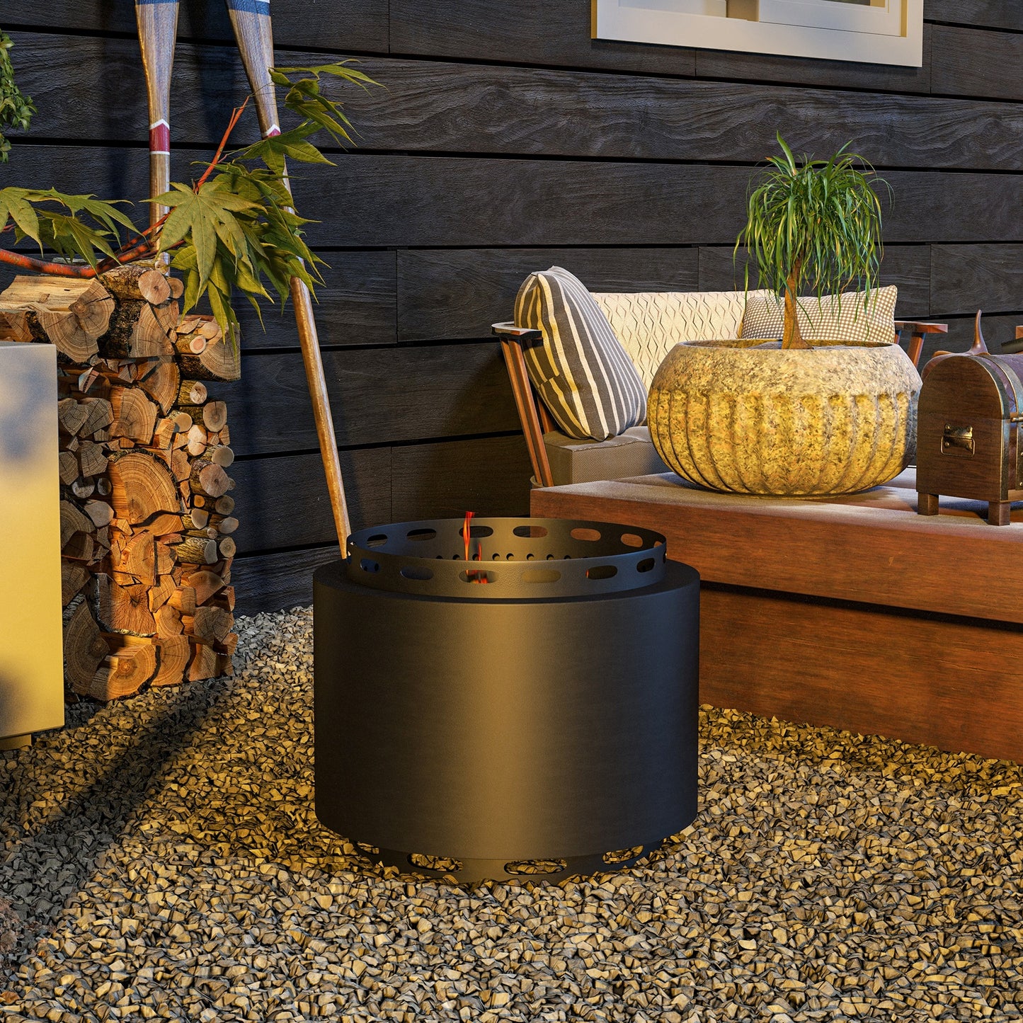 Outsunny Smokeless Fire Pit with Ash Catcher, Portable Wood Burning Firepit with Poker for Garden Camping Bonfire Party, Black