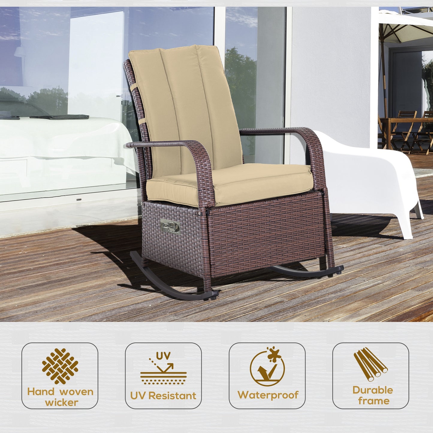 Outsunny Outdoor Wicker Rocking Chair with Cushion, Patio PE Rattan Recliner Chair with Adjustable Footrest, Armrests, Dark Blue