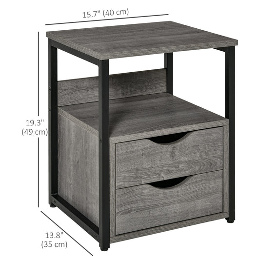 HOMCOM Nightstand with 2 Drawers, Industrial Side Table with Storage Shelf, Accent End Table for Bedroom, Living Room, Grey