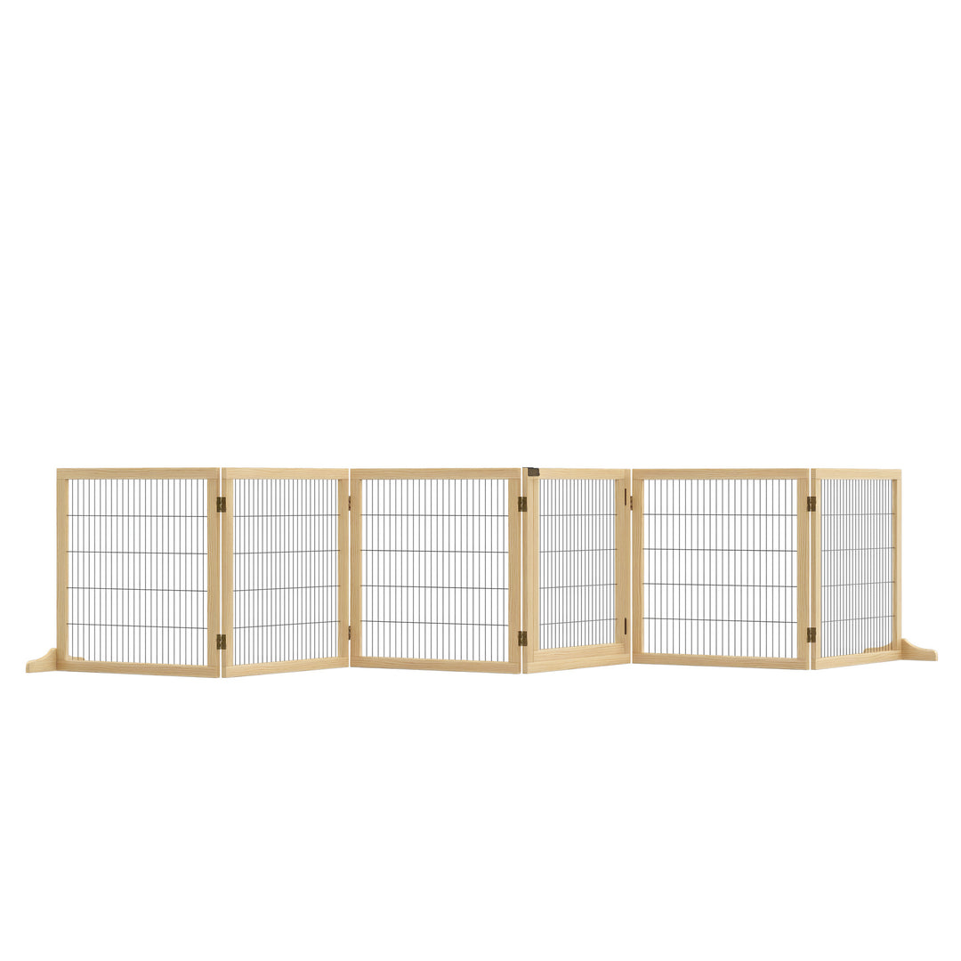 PawHut Wooden Pet Gate, Dog Safety Barrier, Freestanding Foldable Fence, w/ 6 Panels, 2 Support Feet, for House Doorway Stairs, Small & Medium Dogs, Coffee