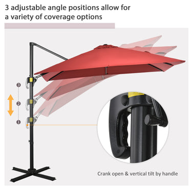 Outsunny 8' x 8' Square Patio Hanging Offset Umbrella with 360° Rotation, Aluminum Outdoor Cantilever Parasol with Crank & Tilt, Sun Canopy Shelter with Cross Base, Wine Red
