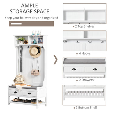 HOMCOM Coat Rack Shoe Bench, Hall Tree with Bench and Shoe Storage, Entryway Bench with 4 Hooks, 2 Drawers, 2 Shelves, White