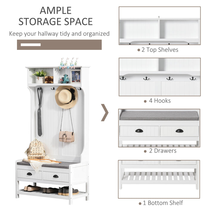 HOMCOM Coat Rack Shoe Bench, Hall Tree with Bench and Shoe Storage, Entryway Bench with 4 Hooks, 2 Drawers, 2 Shelves, White