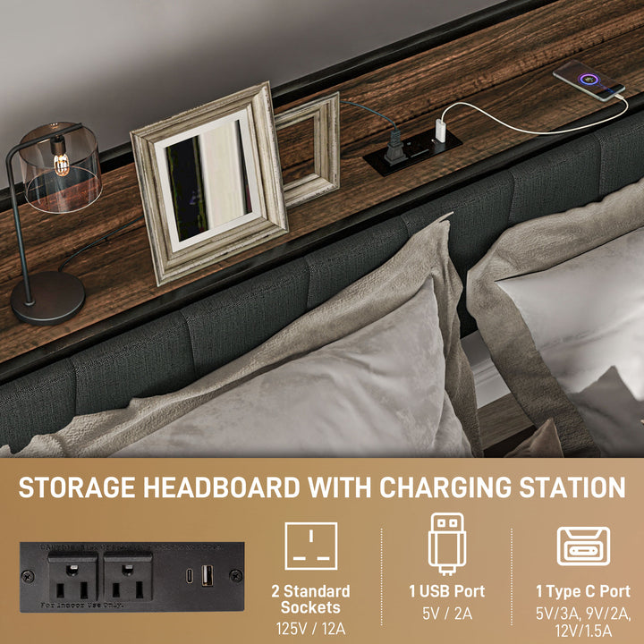 HOMCOM Queen Size Bed Frame with Charging Station, Queen Bed Frame with Upholstered Headboard and Storage Shelf, Walnut