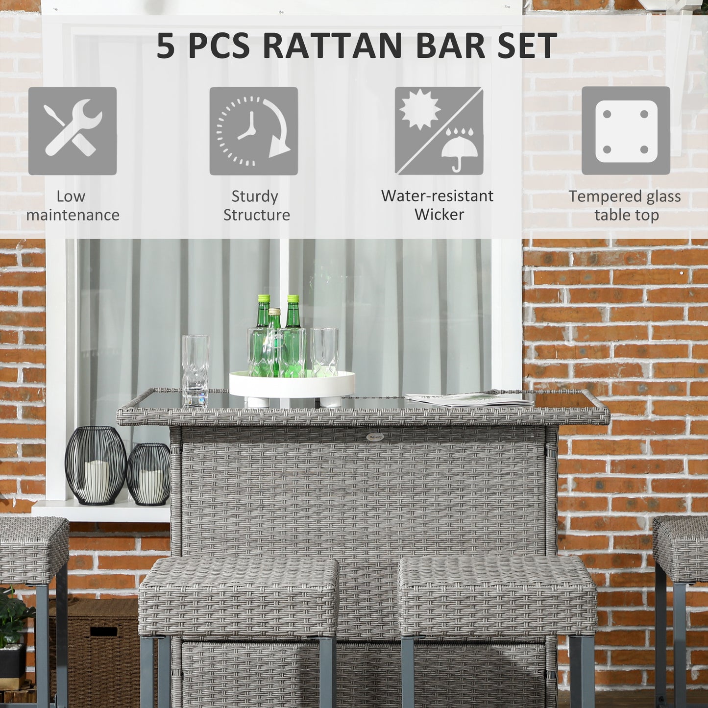 Outsunny 5 Pieces Patio Bar Set, Outdoor PE Rattan Wicker High Top Outdoor Table and Chairs Outdoor Bar Set with Tempered Glass Top Bar Table and Shelves, 4 Bar Chairs, Dark Brown