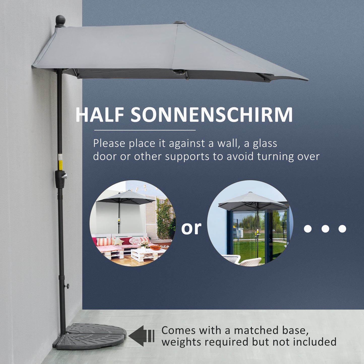 Outsunny 6.6 x 6ft Half Patio Umbrella Outdoor Parasol with Double-Sided Canopy, Crank Handle, Base for Garden, Balcony, Grey