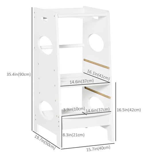 HOMCOM Toddler Tower Kitchen Helper with 3-Level Adjustable Height, Heavy-Duty Kids Step Stool with Safety Rail, White
