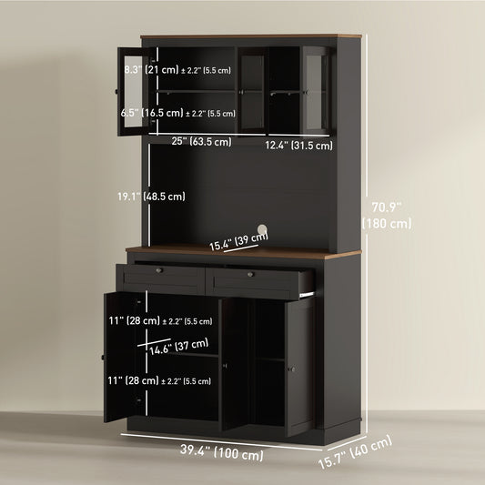 HOMCOM 71" Pantry Cabinet with Microwave Space, Buffet with Hutch, 2 Drawers, Adjustable Shelves and Glass Doors, Black