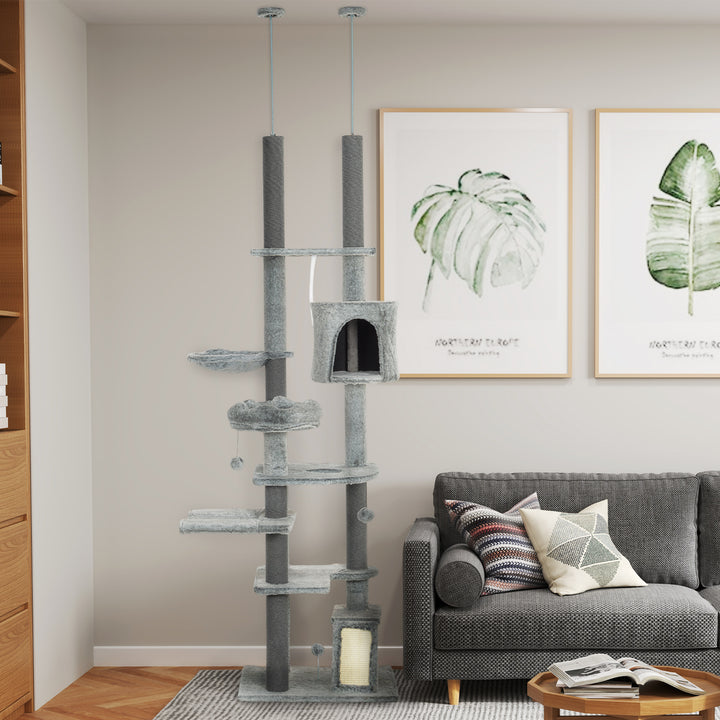 PawHut 89" -100" Adjustable Height Floor to Ceiling Cat Tree, Multi Levels Cat Climbing Tower with Scratching Posts