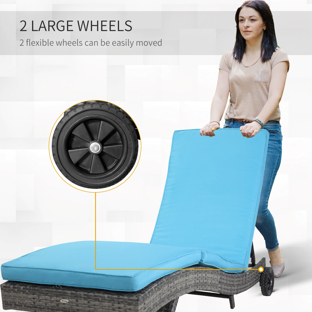 Outsunny Outdoor Adjustable Wicker Chaise Lounge Chair with Cushion & Wheels for Patio, Deck, Poolside, Sky Blue