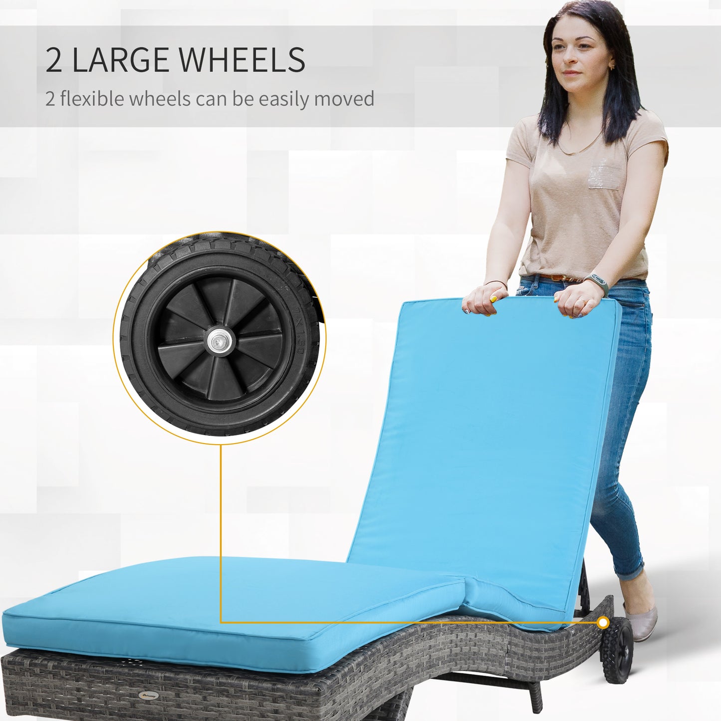 Outsunny Outdoor Adjustable Wicker Chaise Lounge Chair with Cushion & Wheels for Patio, Deck, Poolside, Sky Blue
