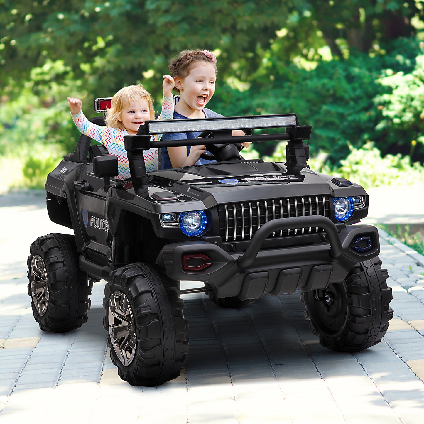 Aosom Kids Ride-On Car 12V RC 2-Seater Police Truck Electric Car For Kids with Full LED Lights, MP3, Parental Remote Control (White)