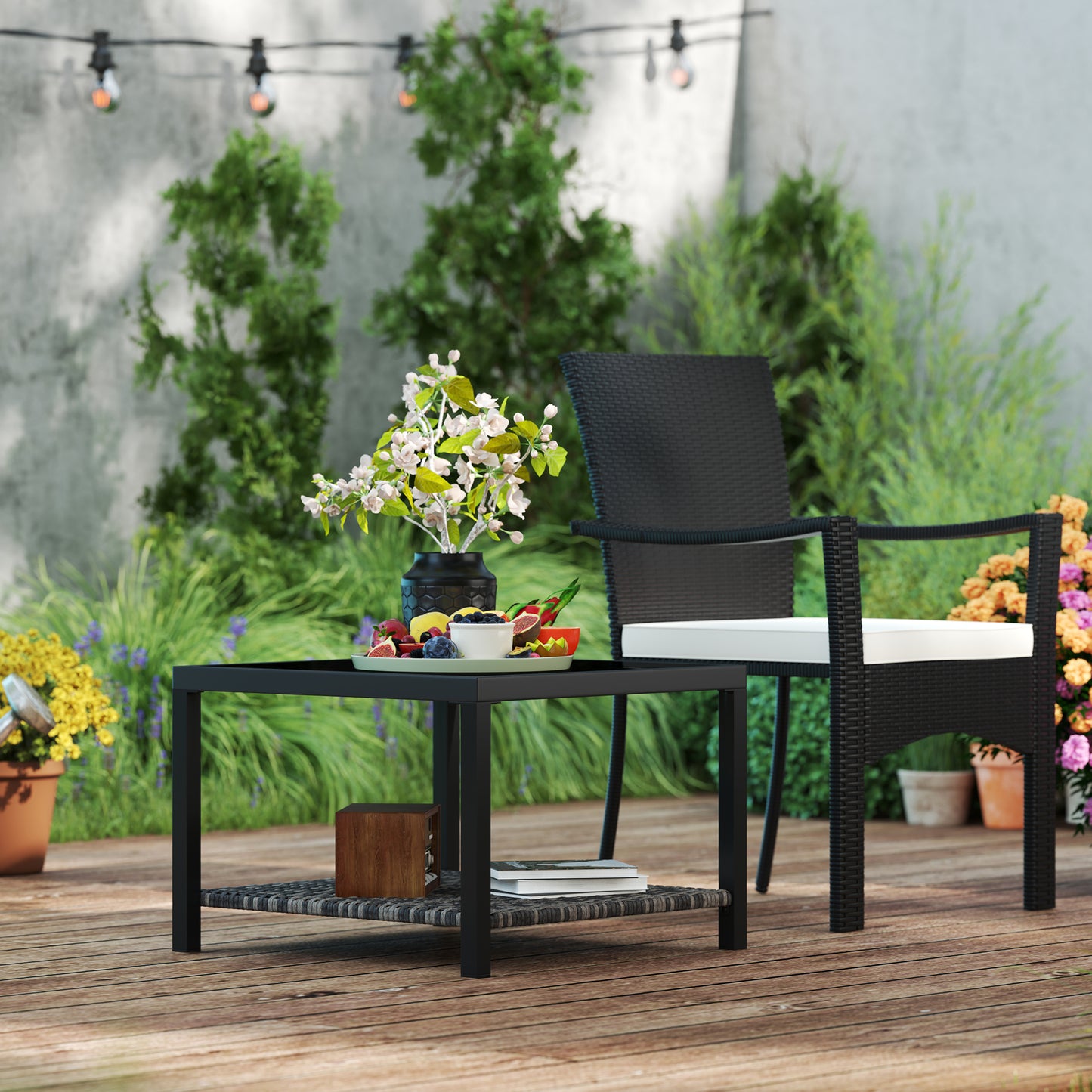 Outsunny 23.6" Rattan End Table, Outdoor Coffee Table with Tempered Glass Top, Storage Shelf for Patio, Garden, Balcony, Black