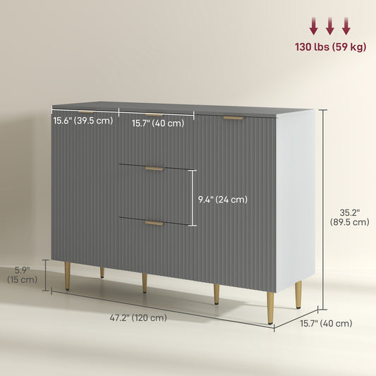 HOMCOM Modern Kitchen Storage Cabinet, Sideboard Buffet Cabinet w/ 3 Drawers and Adjustable Shelves for Kitchen Hallway, Grey