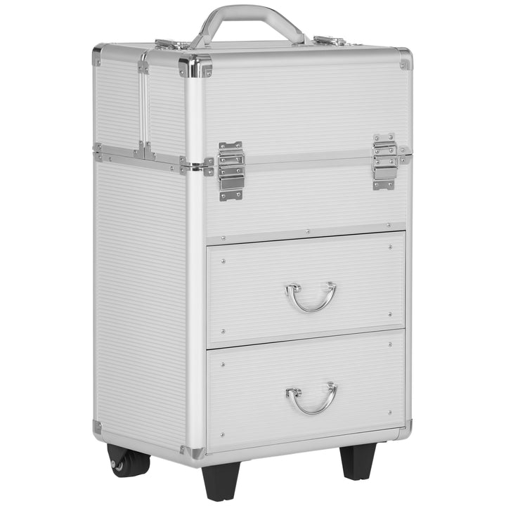 HOMCOM Rolling Makeup Case, Large Storage Cosmetic Trolley, Lockable Traveling Cart Trunk with Folding Trays, Swivel Wheels