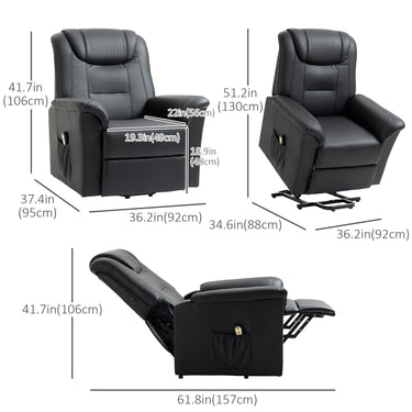 HOMCOM Electric Power Lift Chair for Elderly, PU Leather Recliner Sofa with Footrest and Remote Control, Side Pockets for Living Room, Black