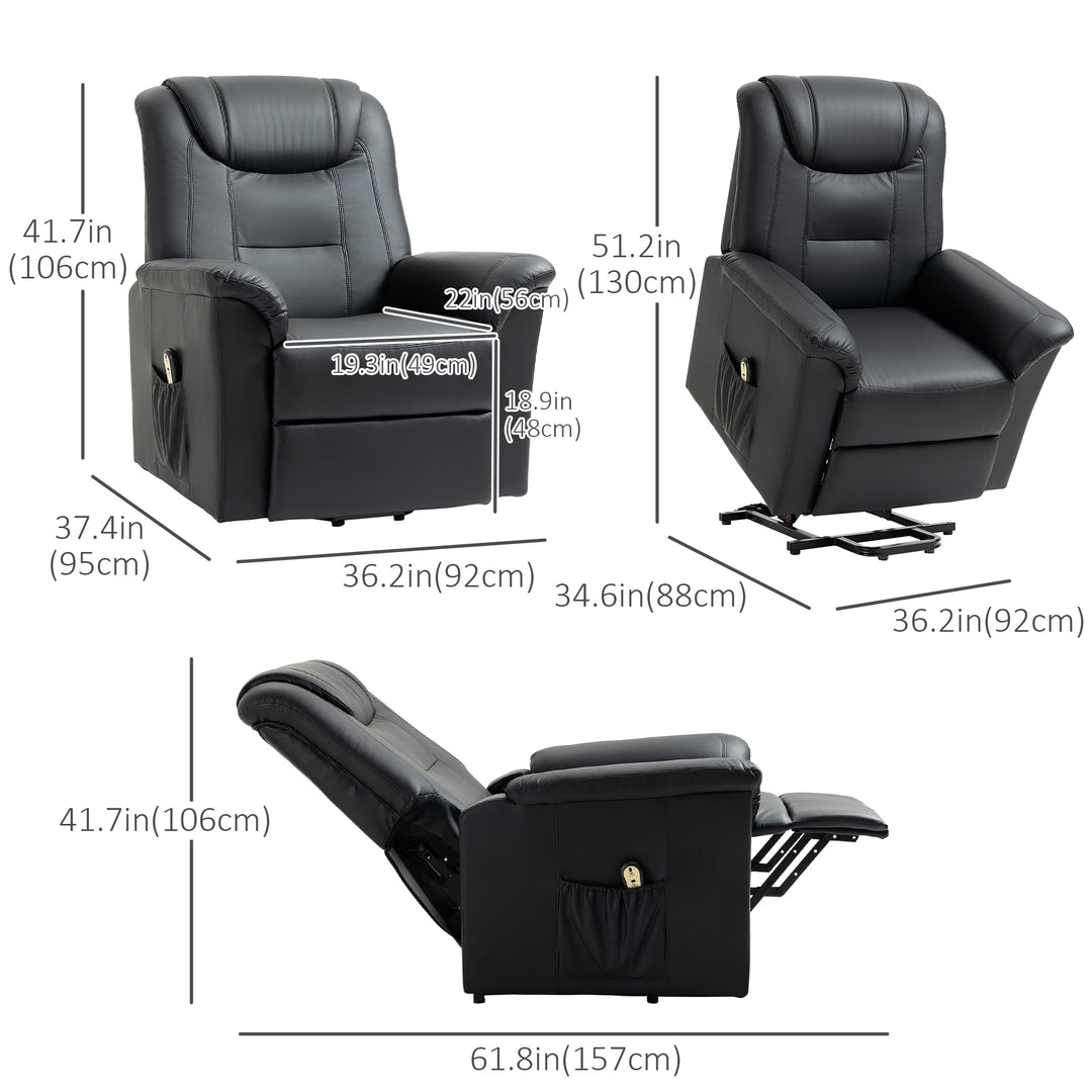 HOMCOM Electric Power Lift Chair for Elderly, PU Leather Recliner Sofa with Footrest and Remote Control, Side Pockets for Living Room, Black