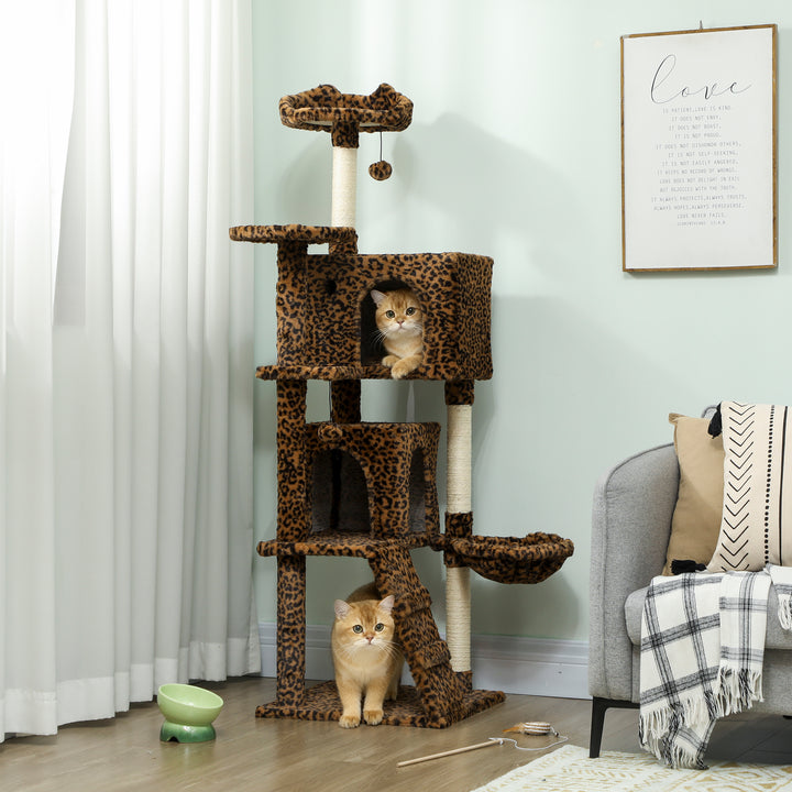 PawHut 63 Inch Cat Tree with Sisal Scratching Posts, Condos, Plush Perches, Hammock, Ladder, Dangling Balls, Pink
