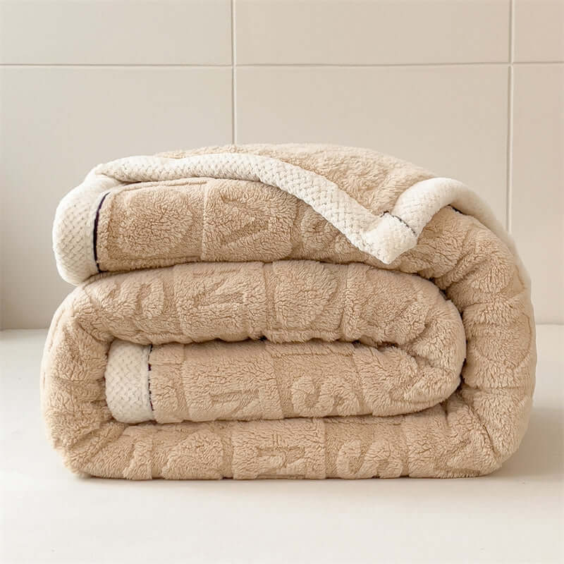 New Love Taffu Multifunctional Blanket Single or Double-Sided with Solid Color for Scene Setting in camel color, folded on display.