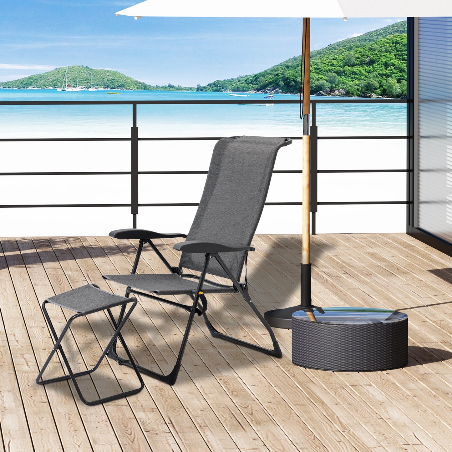 Outsunny Patio Lounge Chair Outdoor Lounger Recliner Folding Camping Chair with Footrest and Storage Pocket, Black Grey