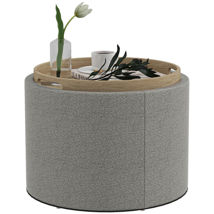HOMCOM Round Coffee Table, End Table with Hidden Storage and Tray Top, Linen Upholstered Footrest for Living Room