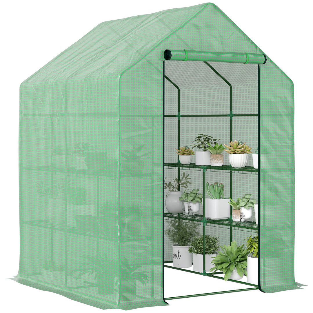 Outsunny 56" x 54" x 74" Walk-in Greenhouse Portable Garden Plant Flower Seed Warm House with 8 Shelves Outdoor Plant Growth Hot House PE Cover Green
