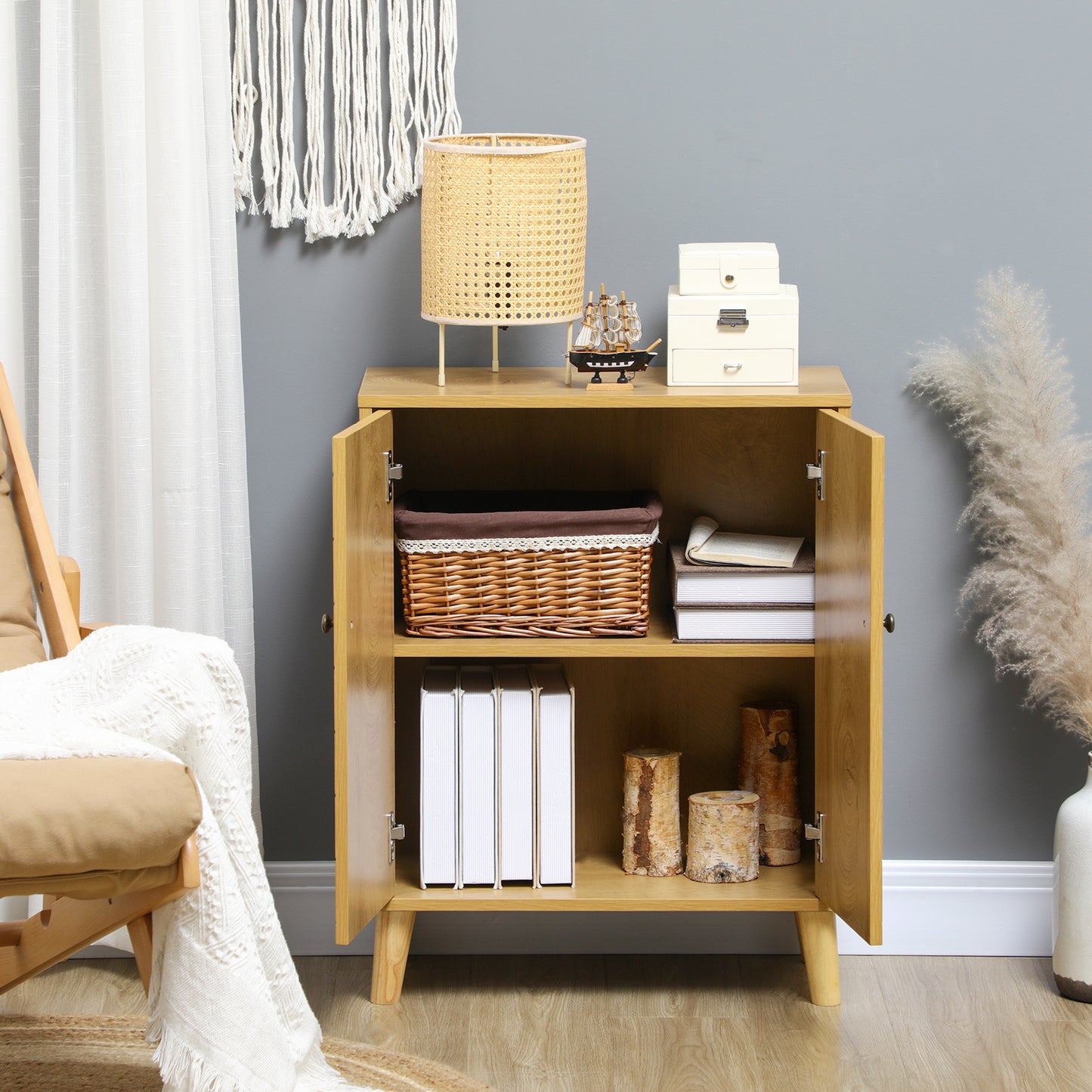 HOMCOM Storage Cabinet with Doors, Cupboard Organization with Shelf and Wood Legs, Storage Solution for Living Room, Bathroom