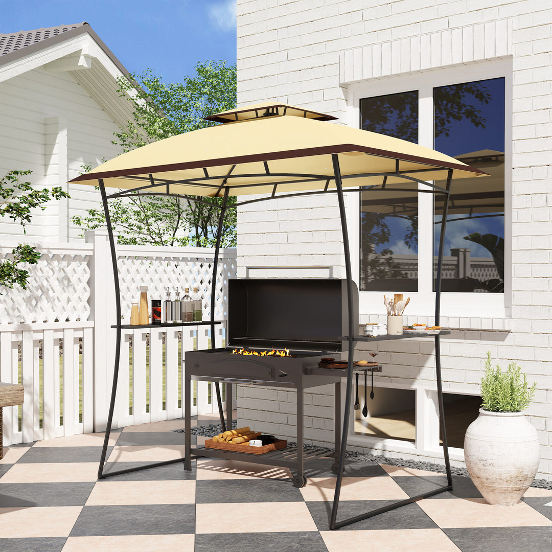 Outsunny 8' x 5' Outdoor Grill Gazebo, Double Tiered Barbecue Grill Gazebo Shelter with 2 Side Shelves and Hook, Light Grey